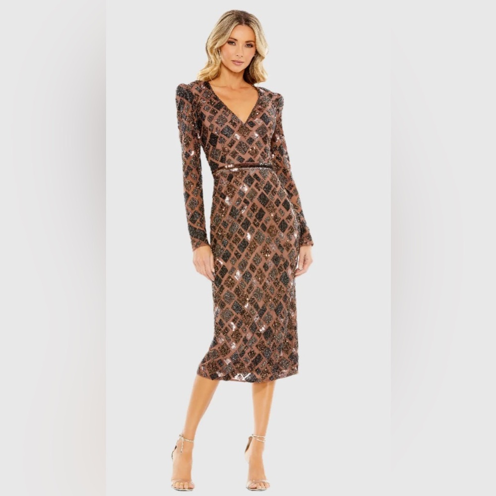 Brown Geo Embellished Midi Sheath Dress